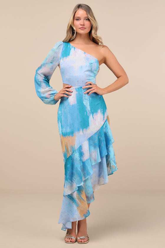Faria Blue Multi Abstract Metallic Clip Dot Midi Dress