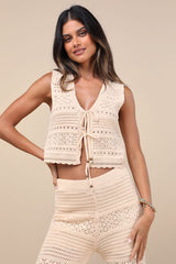 Desta Beige Crochet Knit Tie-Front Crop Tank Top