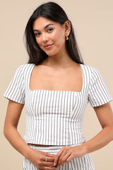 Danai White and Slate Striped Short Sleeve Crop Top