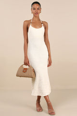 Meike Cream Textured Knit Beaded Halter Midi Dress