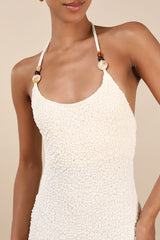 Meike Cream Textured Knit Beaded Halter Midi Dress