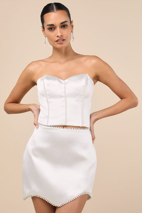Megan White Satin Pearl Mini Skirt