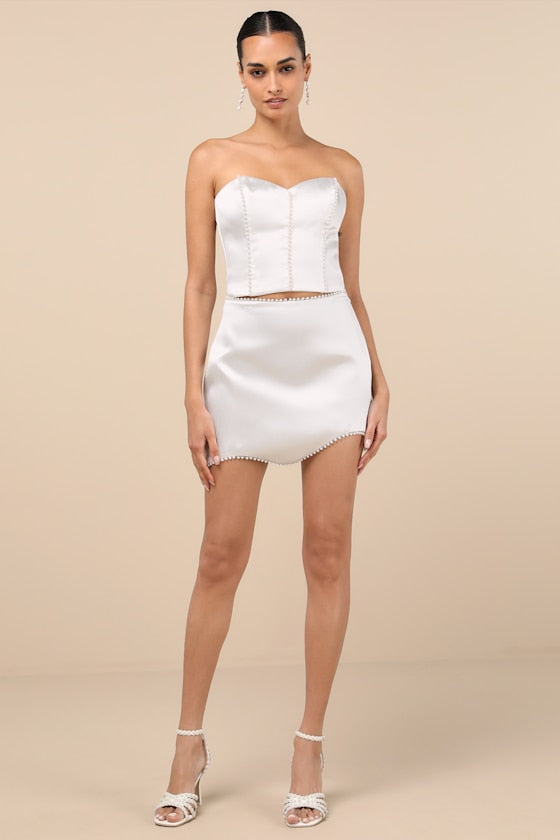 Megan White Satin Pearl Mini Skirt