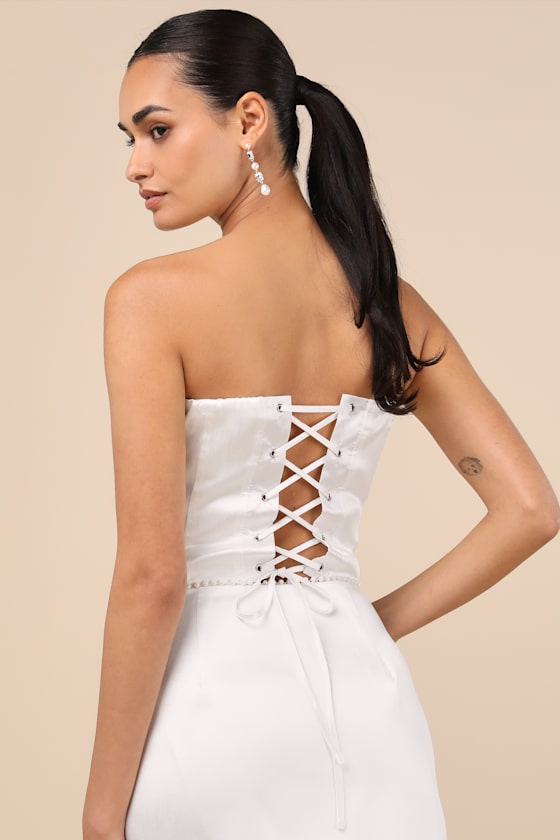 Megan White Satin Pearl Strapless Crop Top