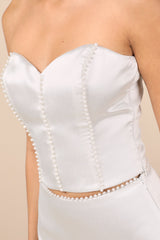 Megan White Satin Pearl Strapless Crop Top