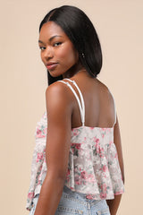 Alinor Ivory and Pink Floral Sheer Babydoll Tank Top
