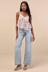 Alinor Ivory and Pink Floral Sheer Babydoll Tank Top