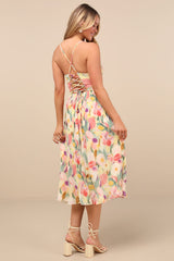 Aleyna Yellow Abstract Pleated Lace-Up Bustier Midi Dress