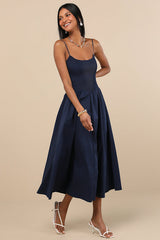 Tandria Navy Smocked Sleeveless Midi Dress