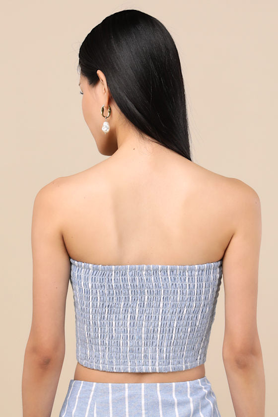 Solana Blue Striped Strapless Button-Front Top