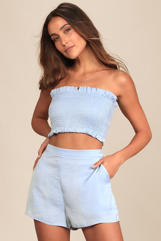 Extra Love Dusty Blue Satin High-Waisted Shorts