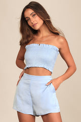 Extra Love Dusty Blue Satin High-Waisted Shorts
