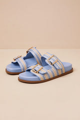Naomi Sporty Beige and Sky Blue Woven Buckle Slide Sandals