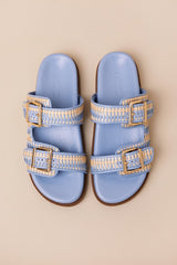 Naomi Sporty Beige and Sky Blue Woven Buckle Slide Sandals