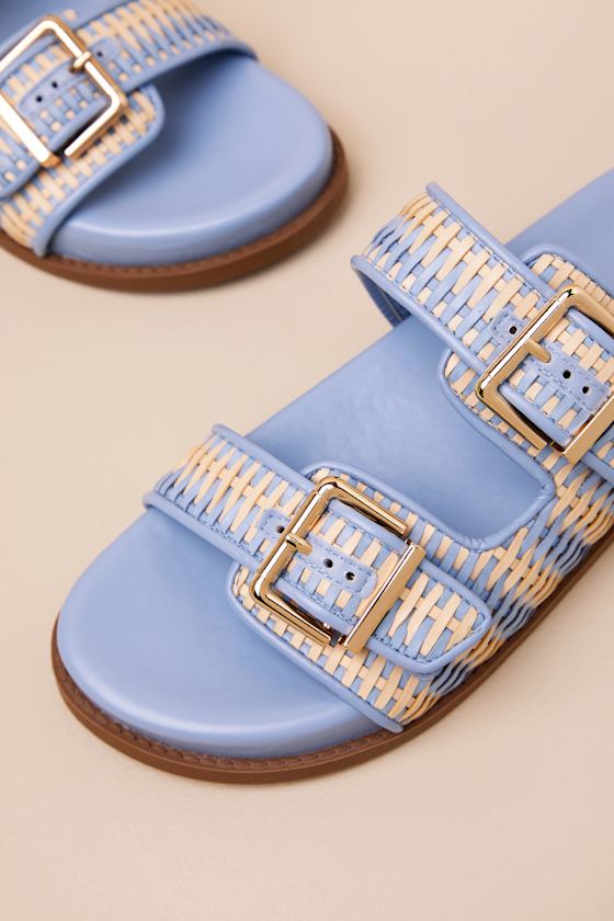 Naomi Sporty Beige and Sky Blue Woven Buckle Slide Sandals