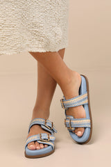Naomi Sporty Beige and Sky Blue Woven Buckle Slide Sandals