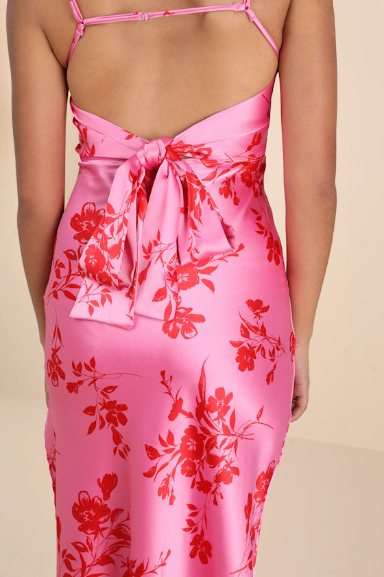 Glamorous Efforts Hot Pink Floral Print Tie-Back Midi Dress