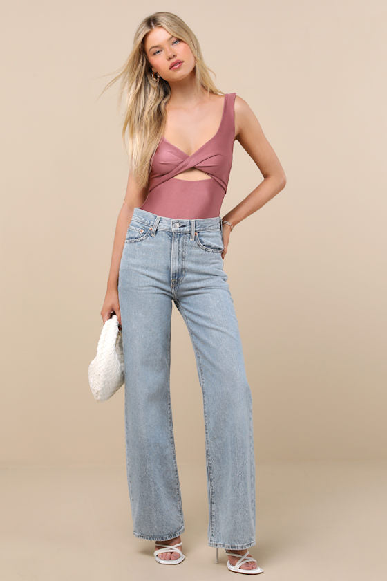 Basima Mauve Cutout Twist-Front Sleeveless Bodysuit