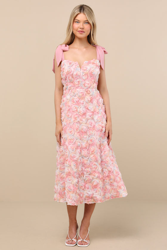 Tarina Pink Multi 3D Rosette Tie-Strap Midi Dress