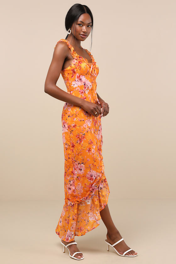 Lovable Spirit Orange Floral Burnout Ruffled High-Low Maxi Dress