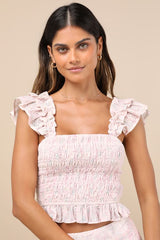 Haddie Light Pink Embroidered Smocked Crop Top