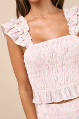 Haddie Light Pink Embroidered Smocked Crop Top