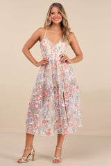Mahryn Beige 3D Floral Embroidered Midi Bodysuit Dress