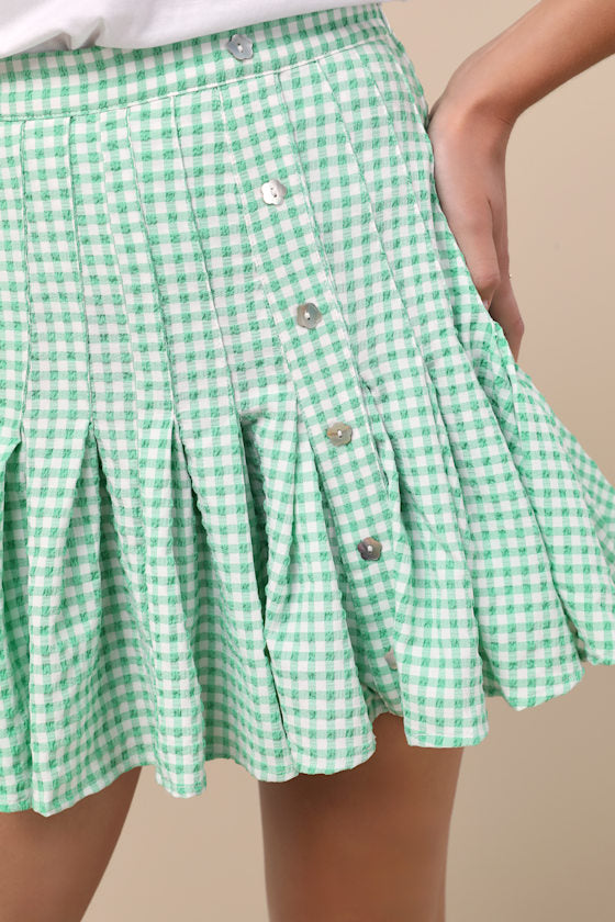 Natalia Green Gingham Pleated Mini Skirt