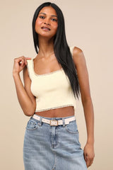 Josepha Light Yellow Ribbed Knit Ruffled Crop Tank Top