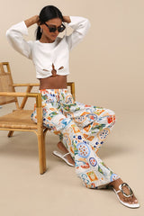 Eydis Ivory Multi Print Wide-Leg Drawstring Pants