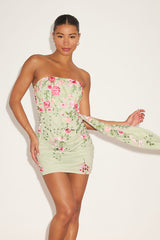Aritz Sage Green Embroidered Sash Strapless Mini Dress