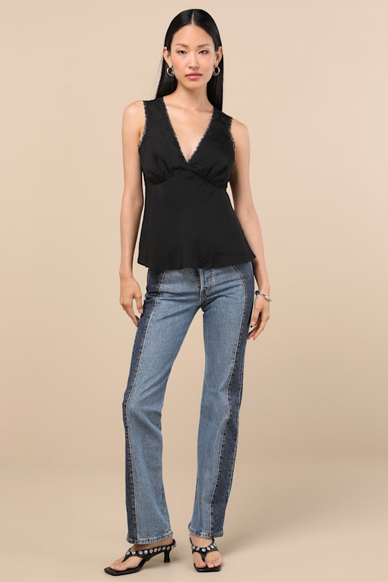 Lowenna Black Satin Lace Tank Top