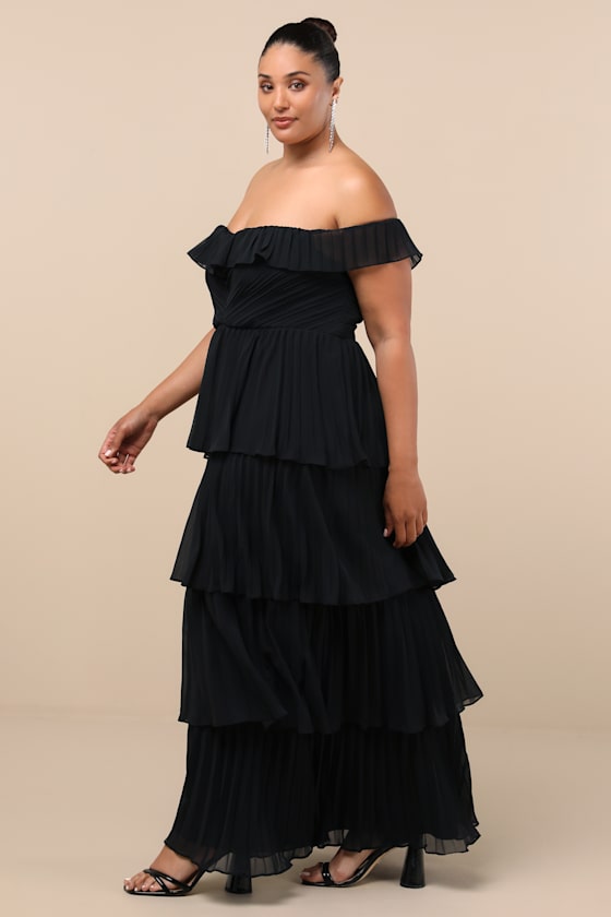 Always Remarkable Black Pleated Off-the-Shoulder Maxi Dress