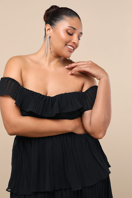 Always Remarkable Black Pleated Off-the-Shoulder Maxi Dress