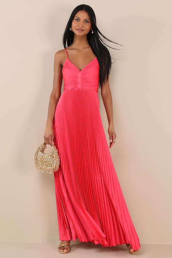 Dreaming in Color Coral V-Neck Pleated Satin Maxi Dress