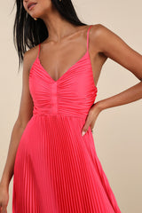 Dreaming in Color Coral V-Neck Pleated Satin Maxi Dress