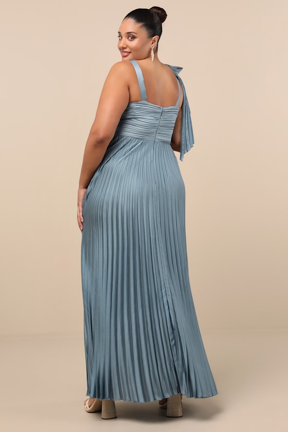 Gorgeous Purpose Slate Satin Pleated Sleeveless Bow Maxi Dress