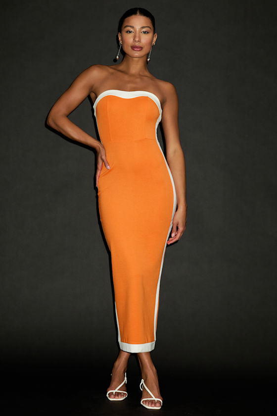 Impressive Edge Orange Color Block Strapless Midi Dress