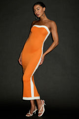 Impressive Edge Orange Color Block Strapless Midi Dress