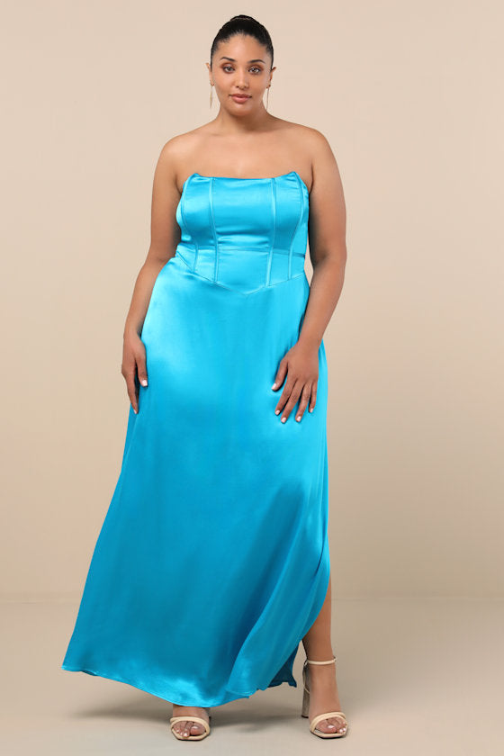 Extraordinary Presence Aqua Blue Satin Strapless Maxi Dress
