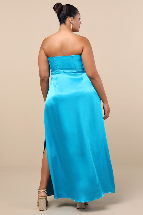 Extraordinary Presence Aqua Blue Satin Strapless Maxi Dress