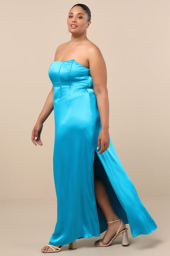 Extraordinary Presence Aqua Blue Satin Strapless Maxi Dress
