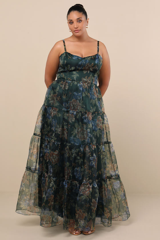 Exclusive Glamour Green Floral Organza Tiered Maxi Dress