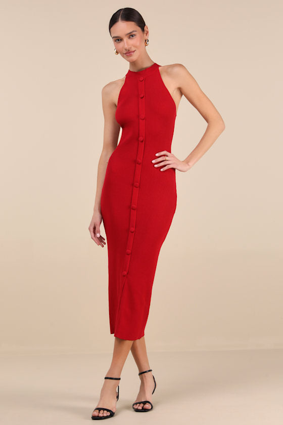 Sunia Red Sleeveless Button-Front Midi Sweater Dress