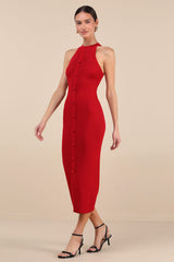 Sunia Red Sleeveless Button-Front Midi Sweater Dress