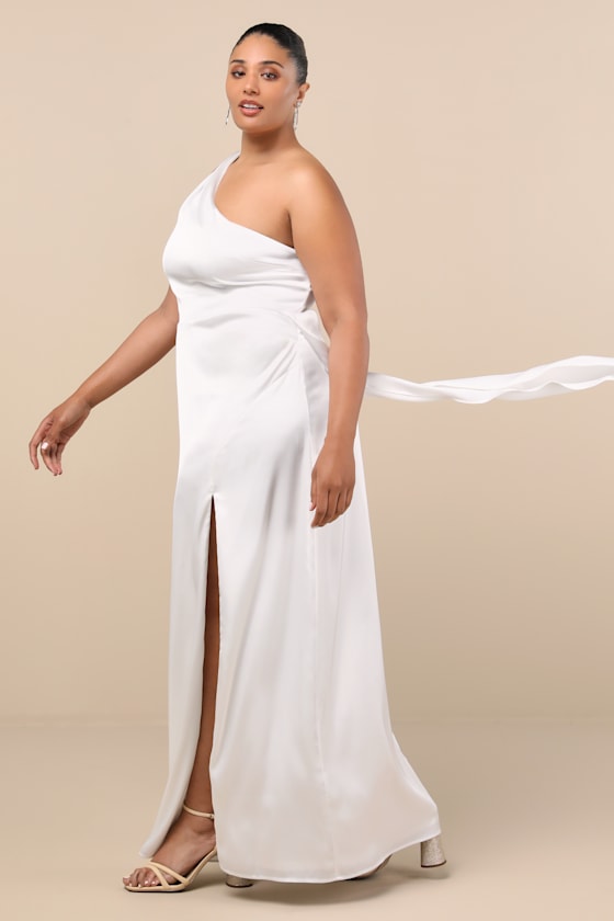 Signature Elegance White Satin One-Shoulder Maxi Dress