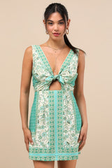 Silvana Green Multi Floral Knot-Front Mini Dress