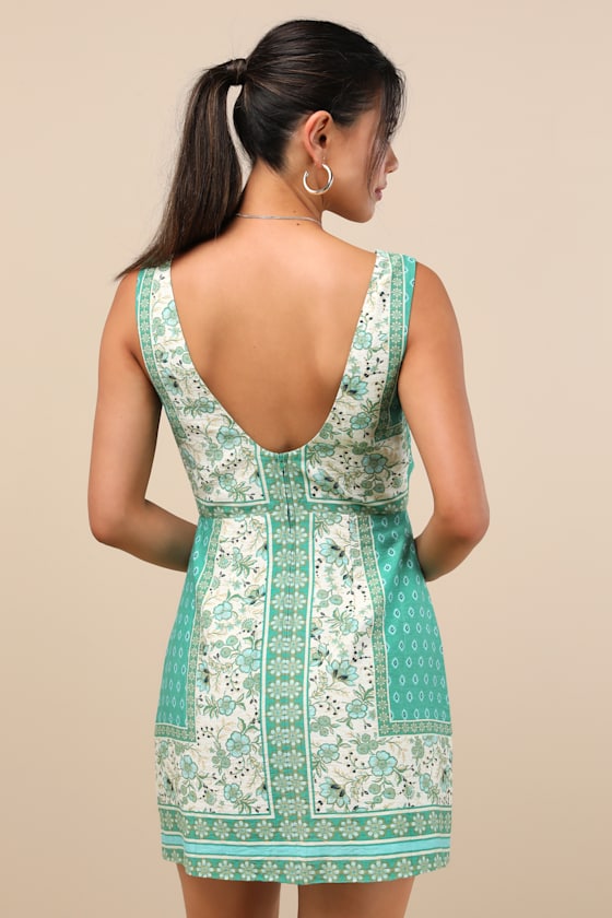 Silvana Green Multi Floral Knot-Front Mini Dress