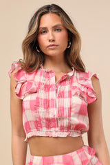 Giada Pink and Ivory Plaid Flutter Sleeve Crop Top