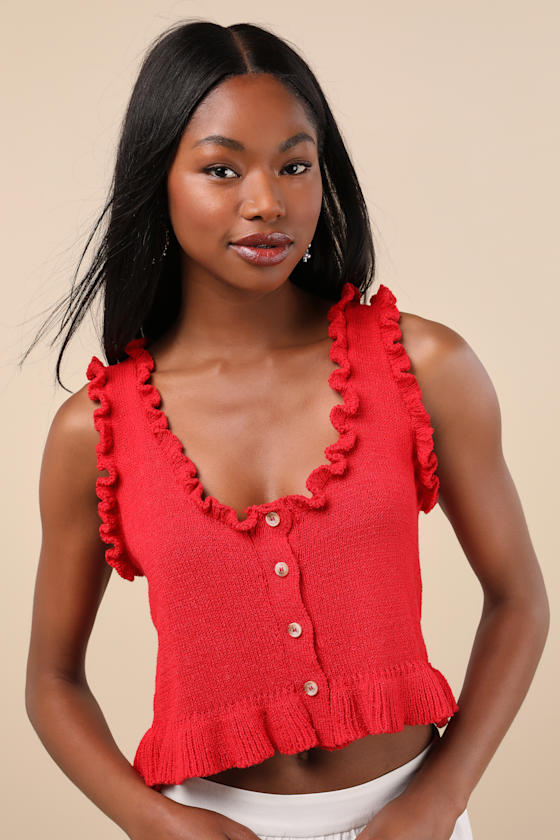 Smiling Sweetie Bright Red Knit Ruffled Sleeveless Sweater Top